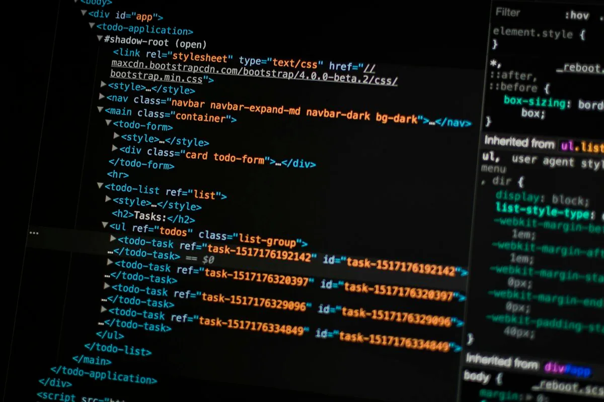 Tela com código HTML e painel de estilos nas ferramentas de desenvolvimento