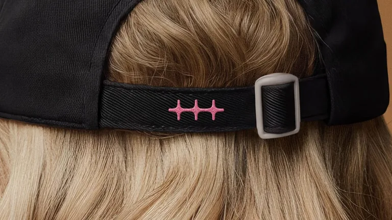 Novo símbolo do n8n bordado em rosa na alça de um boné preto