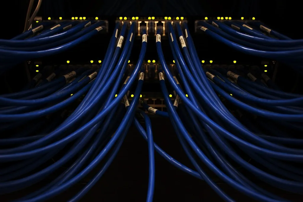 Cabos de rede conectados a equipamentos de um rack