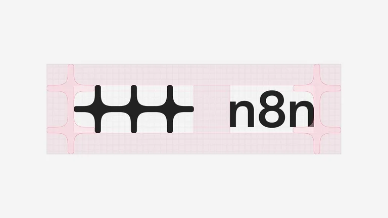 Novo logo do n8n sobre a grade de construção, com o símbolo e o nome alinhados às guias