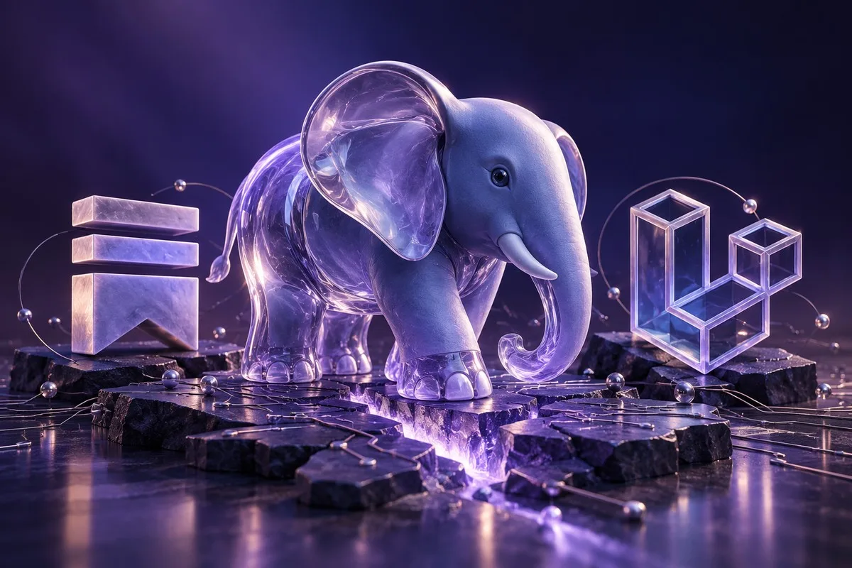 Elefante do PHP entre os símbolos do Substack e do Laravel em tons de violeta
