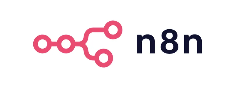 Logo antigo do n8n, com Nodes rosa conectados em linha com uma ramificação e o nome n8n em azul-escuro