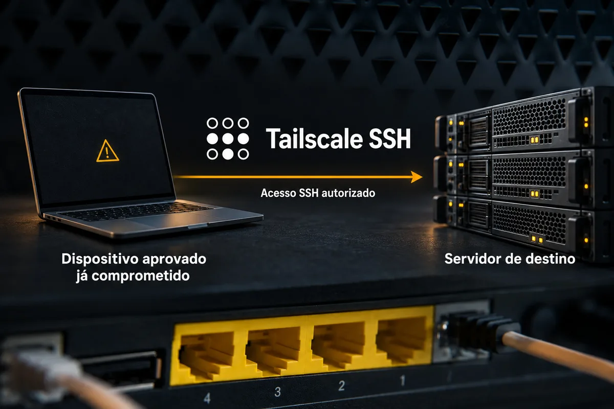 Notebook aprovado e comprometido conectado a um servidor por acesso SSH autorizado, com a marca Tailscale
