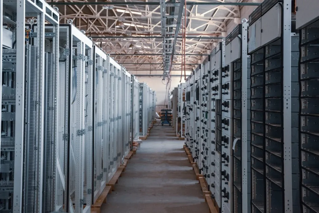Corredor entre fileiras de equipamentos de servidores em um datacenter