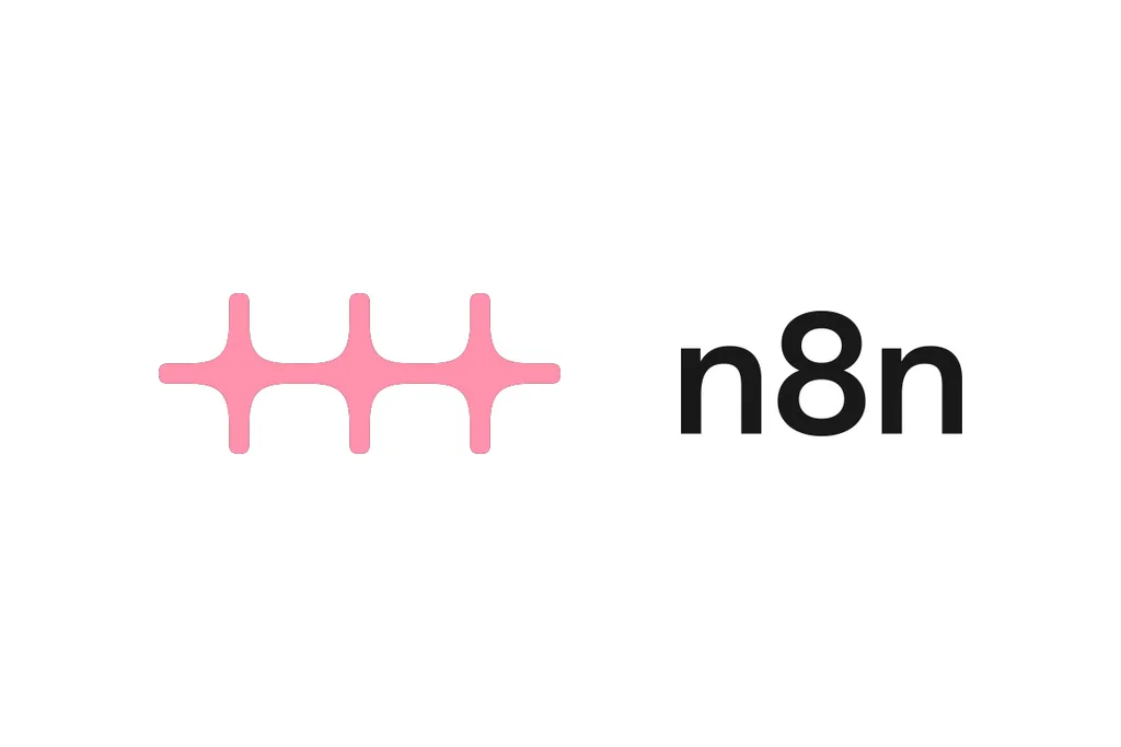 Novo logo do n8n em destaque, com símbolo rosa e nome preto sobre fundo branco