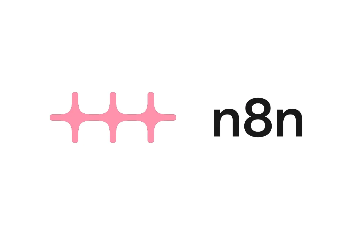 Novo logo do n8n em destaque, com símbolo rosa e nome preto sobre fundo branco